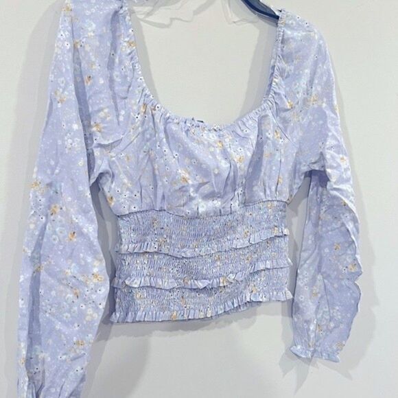 Planet Gold Juniors Square-Neck Smocked Top, shirt long sleeve Blue Fog,M, L, XL - Picture 8 of 9